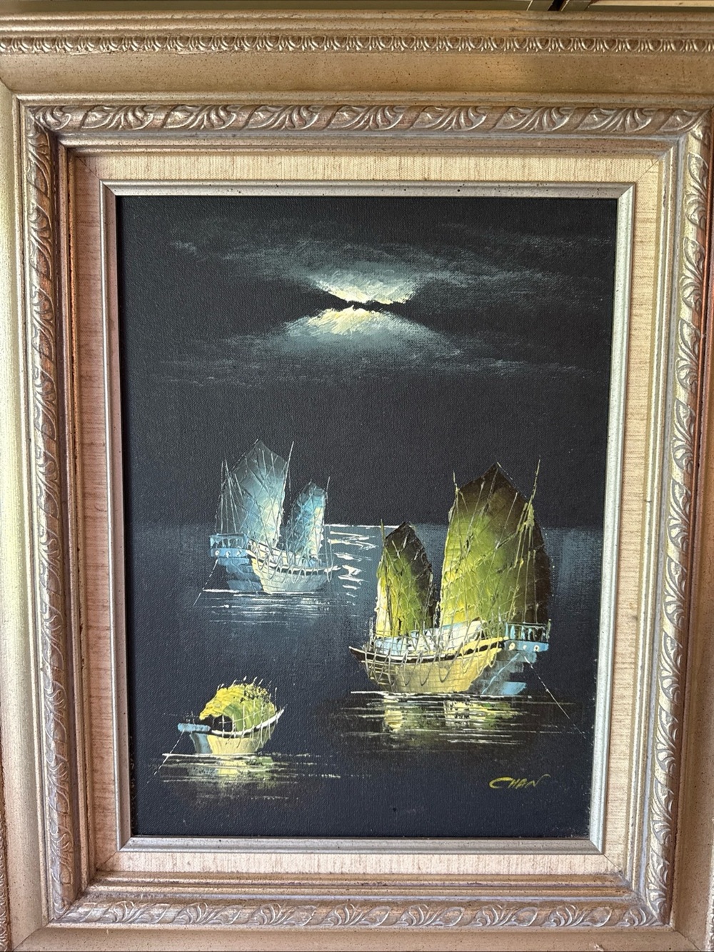 Chinese Junk Boats Original Oil Painting By Chan 23 1/2x 19 1/2